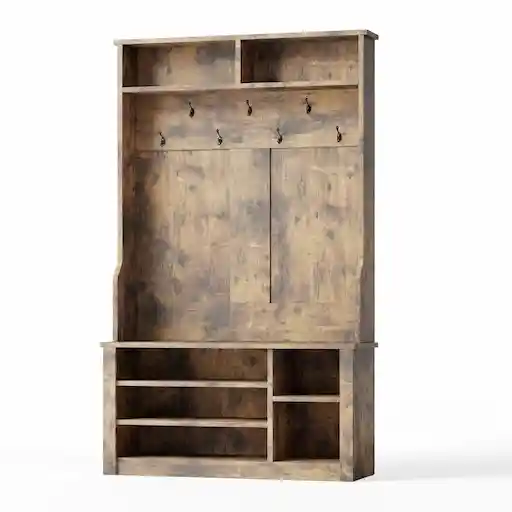 Aiho 3-in-1 entryway hall tree with coat rack, adjustable shoe bench and 2-tier storage shelves in rustic brown finish
