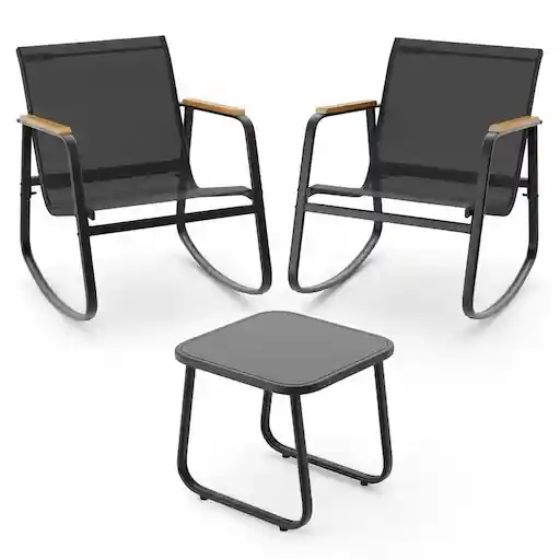 Aiho 3-piece rocking bistro patio set with black Textilene chairs and tempered glass table for front porch and garden